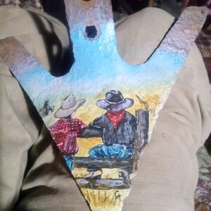 Hand-Painted Western Scene Wall Art - Blue, Red, Black Accents